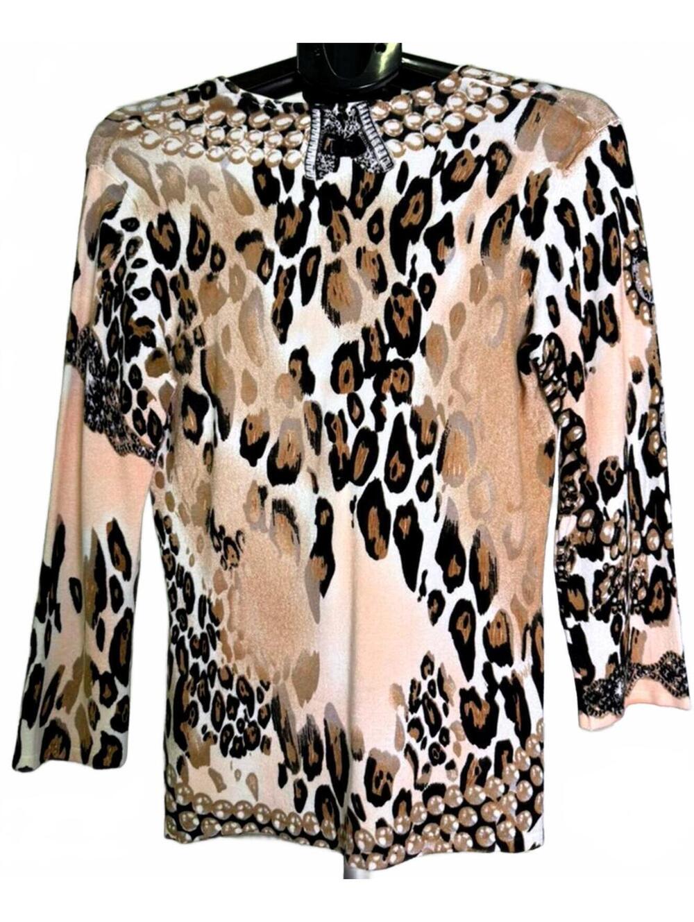 VICTOR COSTA M SPRING SWEATER 3/4 SLEEVE SCOOP NECK LEOPARD PEARL &BOW PRINT NWT - Picture 2 of 8